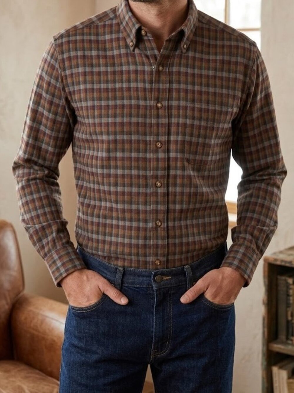 Sir Pendleton Mens M Worsted Wool Plaid Button Down Shirt USA Blue Rust Brown